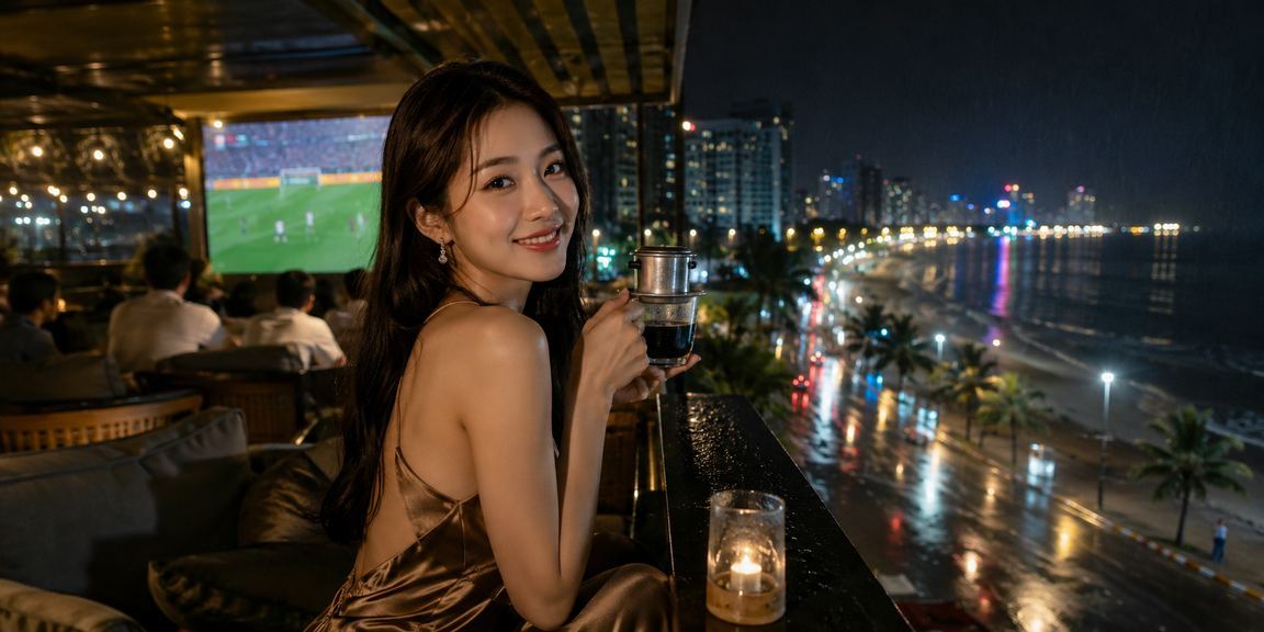 Người dùng Việt Nam xem cá cược bóng đá và thưởng thức cà phê bên bờ biển Nha Trang